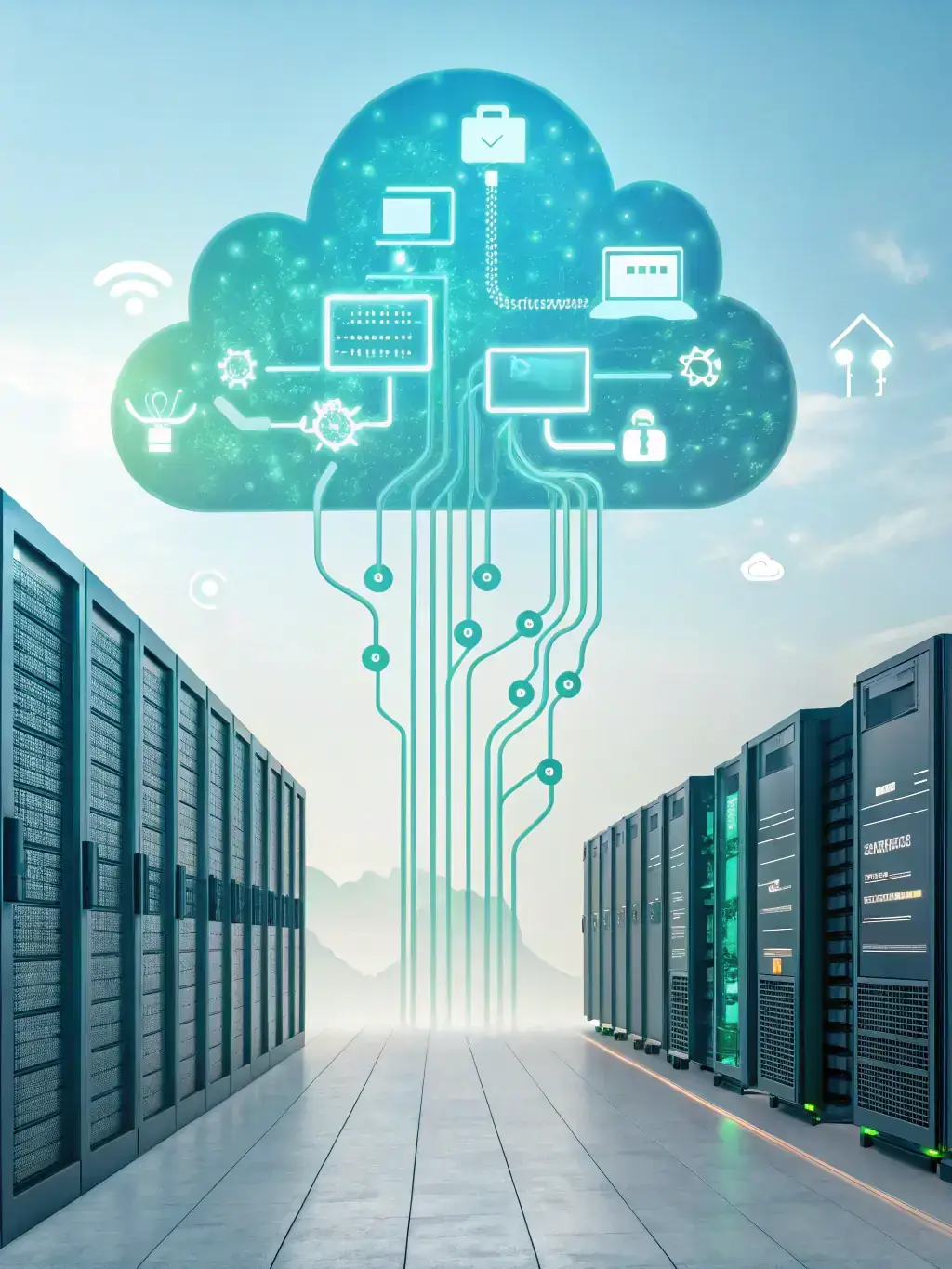 An abstract image representing cloud hosting, with interconnected servers forming a cloud, symbolizing scalability and reliability.